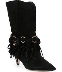 Michael Kors Daniela Fringe Suede Kitten Heel Mid Boots