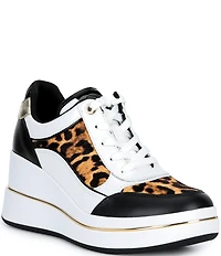 Michael Kors Emmy Leather and Cheetah Print Calf Hair Platform Wedge Sneakers