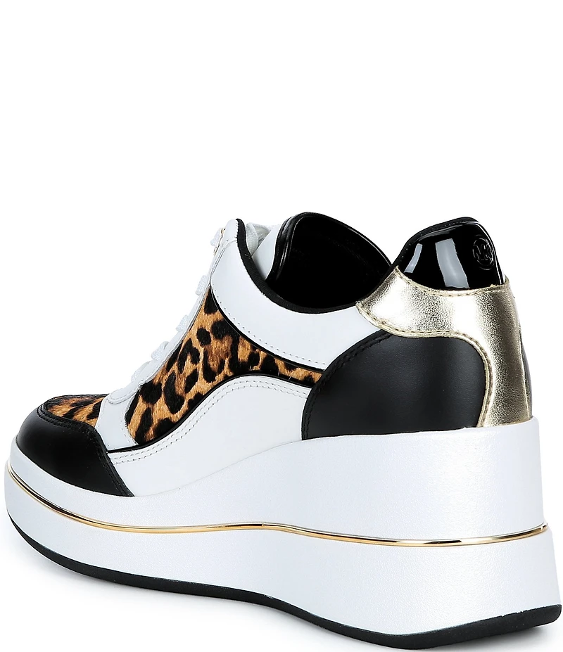 Michael Kors Emmy Leather and Cheetah Print Calf Hair Platform Wedge Sneakers