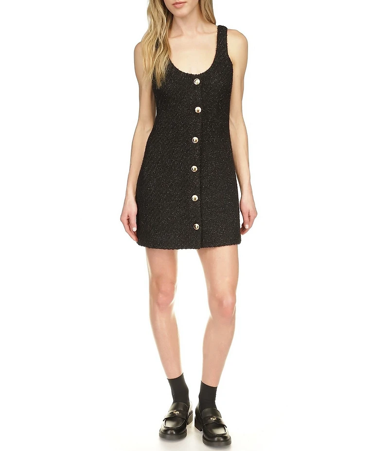 Michael Kors Eyelash Tweed Scoop Neck Sleeveless Gold Button Mini Dress