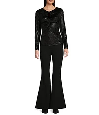Michael Kors Foil-Printed Velvet Gold Chain Keyhole Crew Neck Long Sleeve Ruched Top