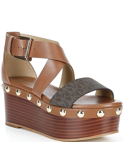 Michael Kors Hensley Leather MK Print Studded Platform Wedge Sandals