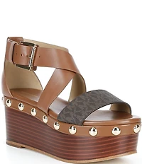 Michael Kors Hensley Leather MK Print Studded Platform Wedge Sandals