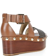 Michael Kors Hensley Leather MK Print Studded Platform Wedge Sandals
