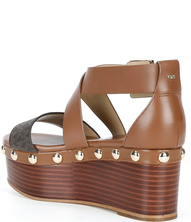 Michael Kors Hensley Leather MK Print Studded Platform Wedge Sandals