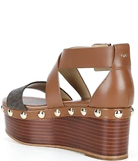 Michael Kors Hensley Leather MK Print Studded Platform Wedge Sandals