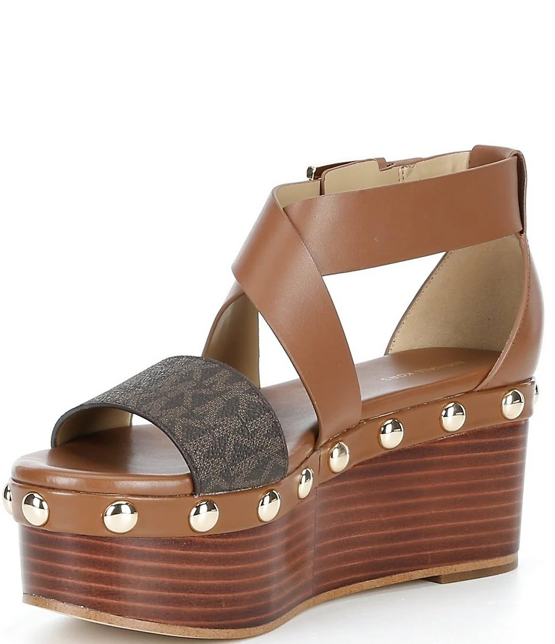 Michael Kors Hensley Leather MK Print Studded Platform Wedge Sandals