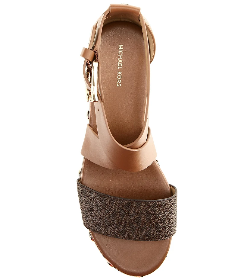 Michael Kors Hensley Leather MK Print Studded Platform Wedge Sandals