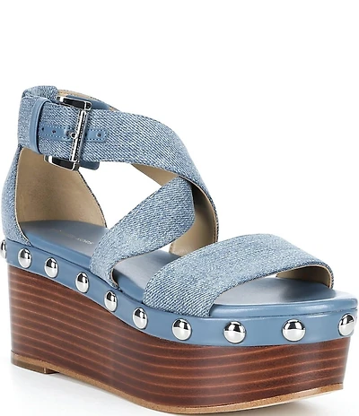 Michael Kors Hensley Washed Denim Studded Platform Wedge Sandals
