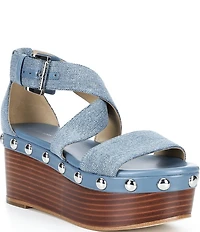 Michael Kors Hensley Washed Denim Studded Platform Wedge Sandals