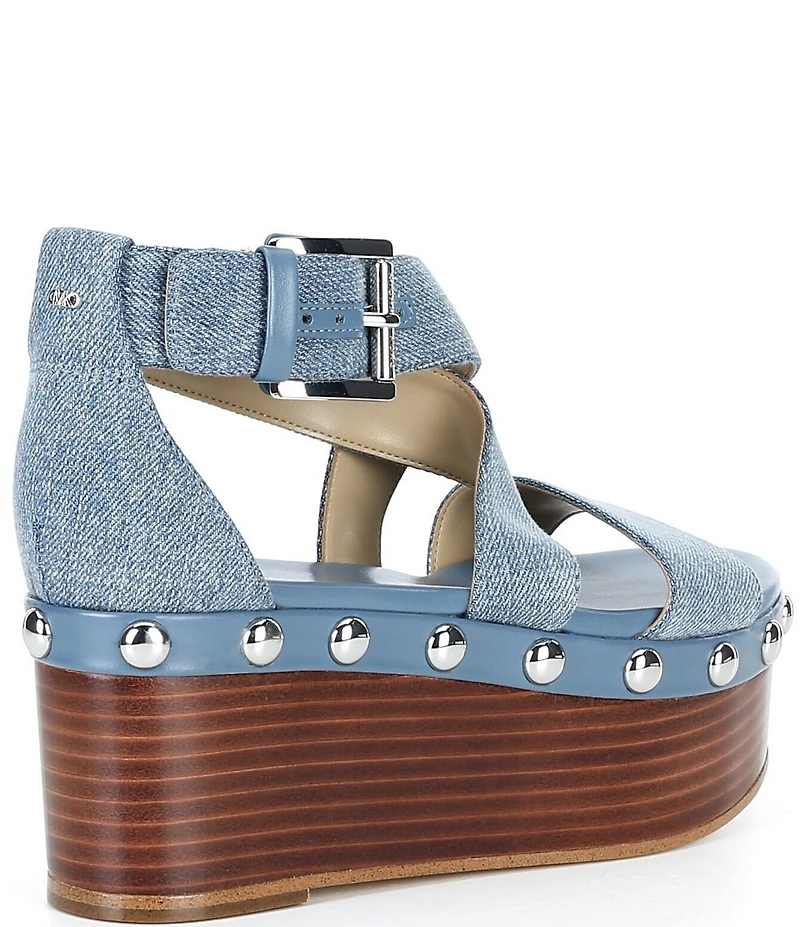 Michael Kors Hensley Washed Denim Studded Platform Wedge Sandals