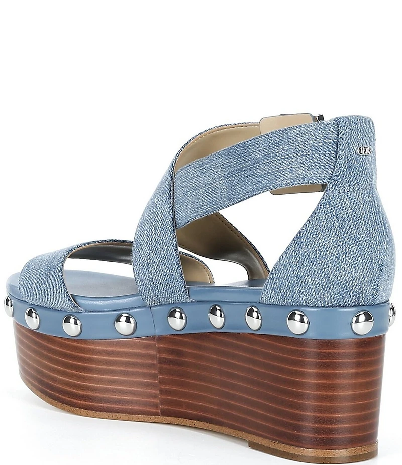 Michael Kors Hensley Washed Denim Studded Platform Wedge Sandals