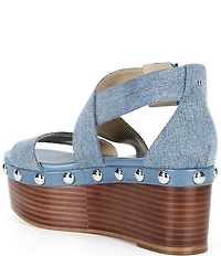 Michael Kors Hensley Washed Denim Studded Platform Wedge Sandals