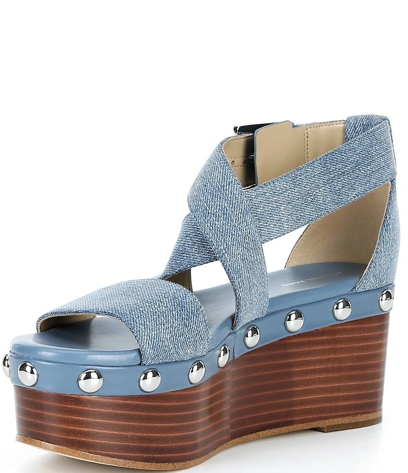 Michael Kors Hensley Washed Denim Studded Platform Wedge Sandals