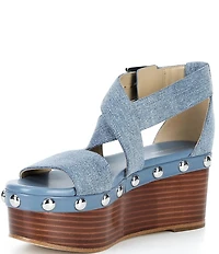 Michael Kors Hensley Washed Denim Studded Platform Wedge Sandals