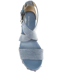 Michael Kors Hensley Washed Denim Studded Platform Wedge Sandals
