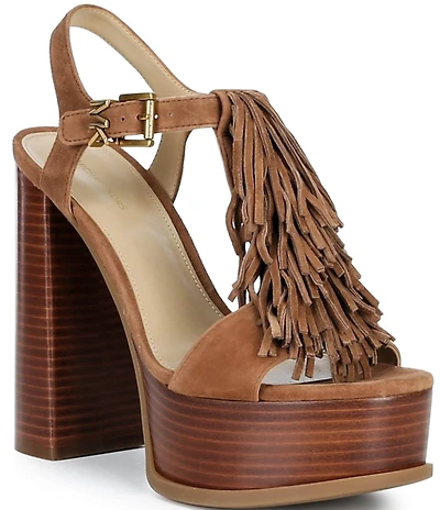 Michael Kors Indra Suede Fringe Ankle Wrap High Heel Platform Sandals