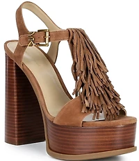 Michael Kors Indra Suede Fringe Ankle Wrap High Heel Platform Sandals