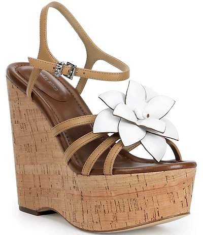 Michael Kors Jacie Leather Flower Cork Wedge Platform Sandals