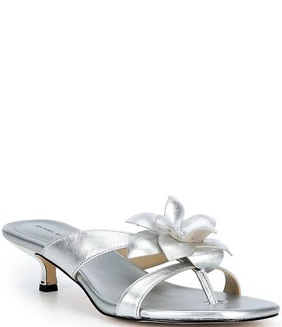 Michael Kors Jacie Metallic Leather Flower Kitten Heel Slide Sandals