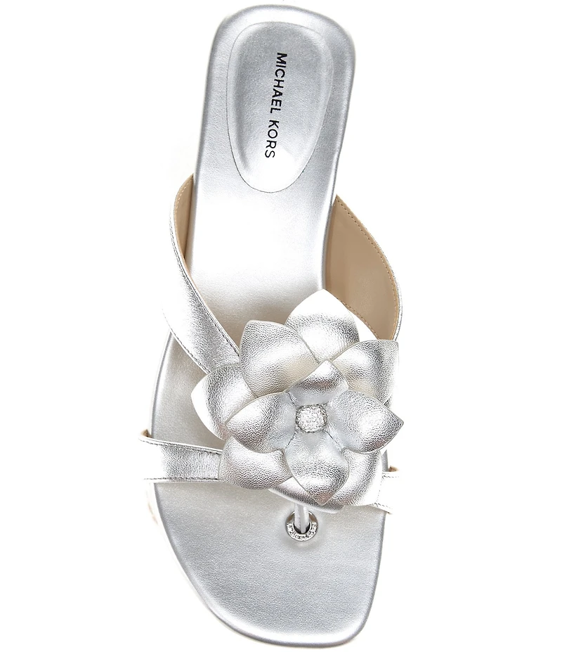 Michael Kors Jacie Metallic Leather Flower Kitten Heel Slide Sandals