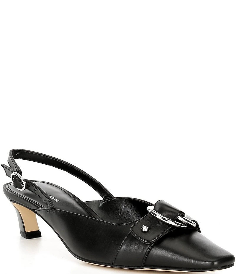 Michael Kors Jaden Leather Buckle Hardware Kitten Heel Slingback Pumps