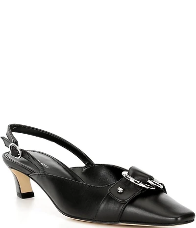 Michael Kors Jaden Leather Buckle Hardware Kitten Heel Slingback Pumps