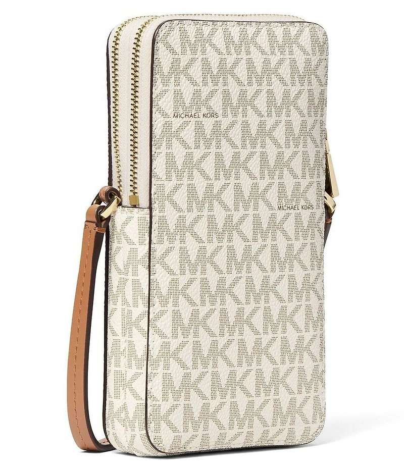Michael Kors Jet Set North South Signature Lux Double Zip Phone Crossbody Bag