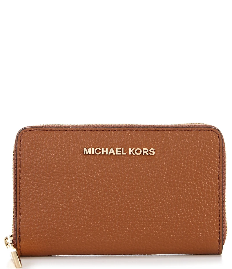 Michael Kors Jet Set Small Zip Around Gold Tone Pebble Leather Card Case Wallet