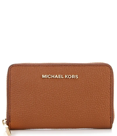 Michael Kors Jet Set Small Zip Around Gold Tone Pebble Leather Card Case Wallet