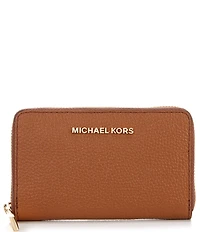 Michael Kors Jet Set Small Zip Around Gold Tone Pebble Leather Card Case Wallet