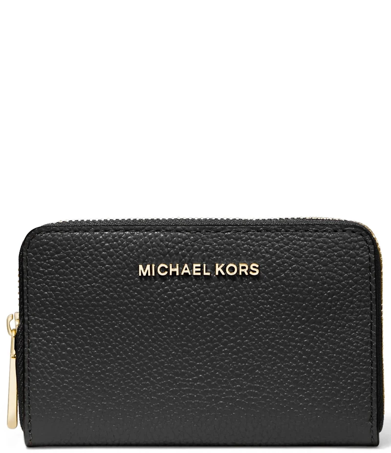 Michael Kors Jet Set Small Zip Around Gold Tone Pebble Leather Card Case Wallet