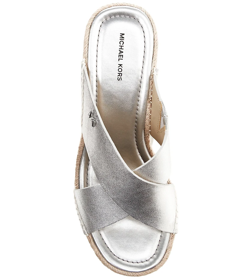 Michael Kors Kenzie Metallic Leather Espadrille Slide Wedge Sandals