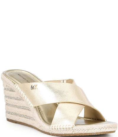 Michael Kors Kenzie Metallic Leather Espadrille Slide Wedge Sandals