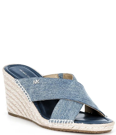 Michael Kors Kenzie Washed Denim Espadrille Slide Wedge Sandals