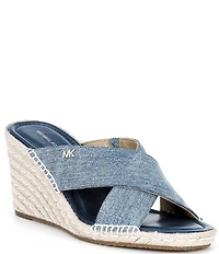 Michael Kors Kenzie Washed Denim Espadrille Slide Wedge Sandals