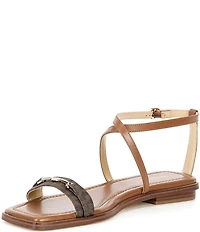 Michael Kors Lena Signature Logo Printed Leather Bit Buckle Flat Sandals