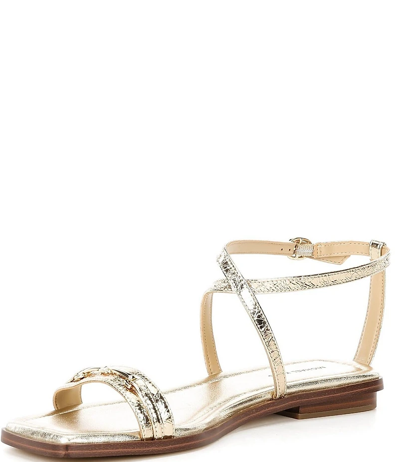 Michael Kors Lena Metallic Crushed Leather Bit Buckle Flat Sandals
