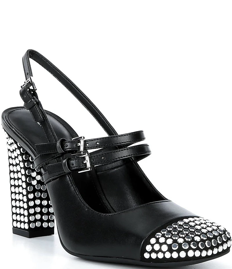 Michael Kors Matilda Nailhead Cap Toe Slingback Mary Jane Block Heel Pumps