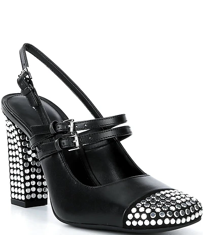 Michael Kors Matilda Nailhead Cap Toe Slingback Mary Jane Block Heel Pumps
