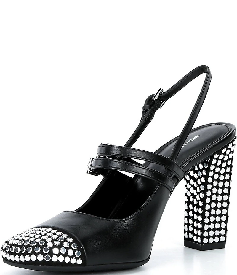 Michael Kors Matilda Nailhead Cap Toe Slingback Mary Jane Block Heel Pumps