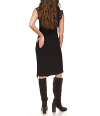 MICHAEL Michael Kors Matte Jersey Studded Crew Neck Sleeveless Asymmetrical Hemline Sheath Dress