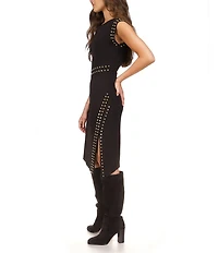 MICHAEL Michael Kors Matte Jersey Studded Crew Neck Sleeveless Asymmetrical Hemline Sheath Dress