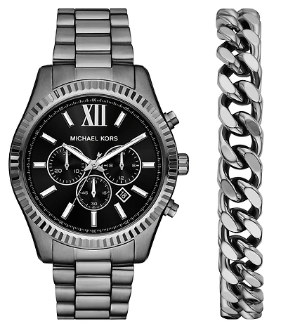Michael Kors Men's Lexington Quartz Chronograph Gunmetal Stainless Steel Bracelet Watch and Bracelet Set