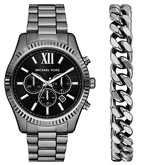 Michael Kors Men's Lexington Quartz Chronograph Gunmetal Stainless Steel Bracelet Watch and Bracelet Set