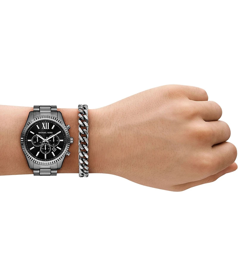 Michael Kors Men's Lexington Quartz Chronograph Gunmetal Stainless Steel Bracelet Watch and Bracelet Set