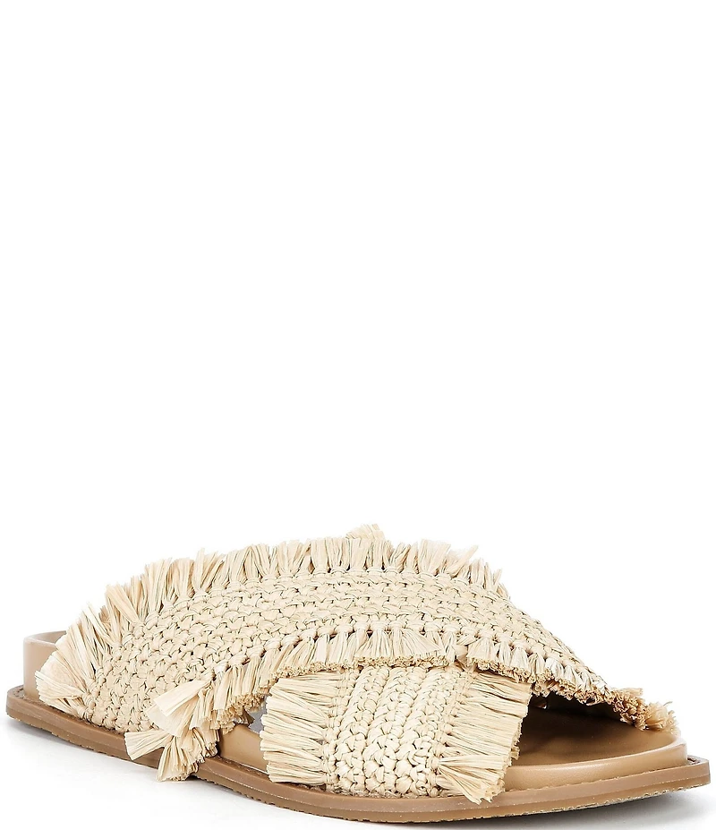 Michael Kors Peyton Woven Raffia Fringed Cross Band Flat Slide Sandals