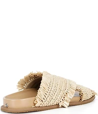 Michael Kors Peyton Woven Raffia Fringed Cross Band Flat Slide Sandals