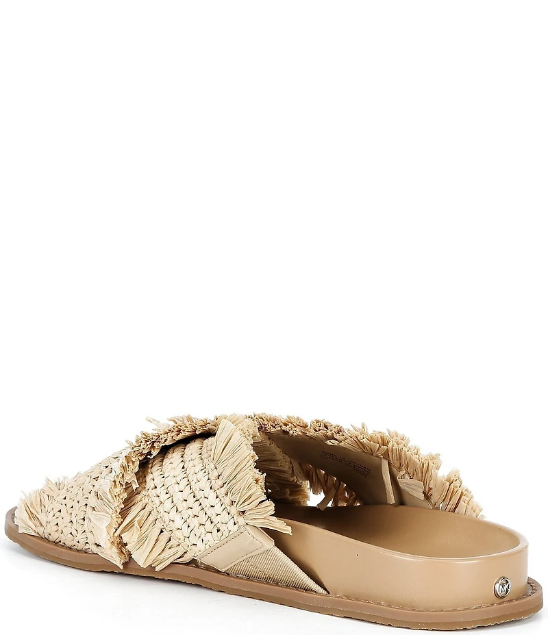 Michael Kors Peyton Woven Raffia Fringed Cross Band Flat Slide Sandals