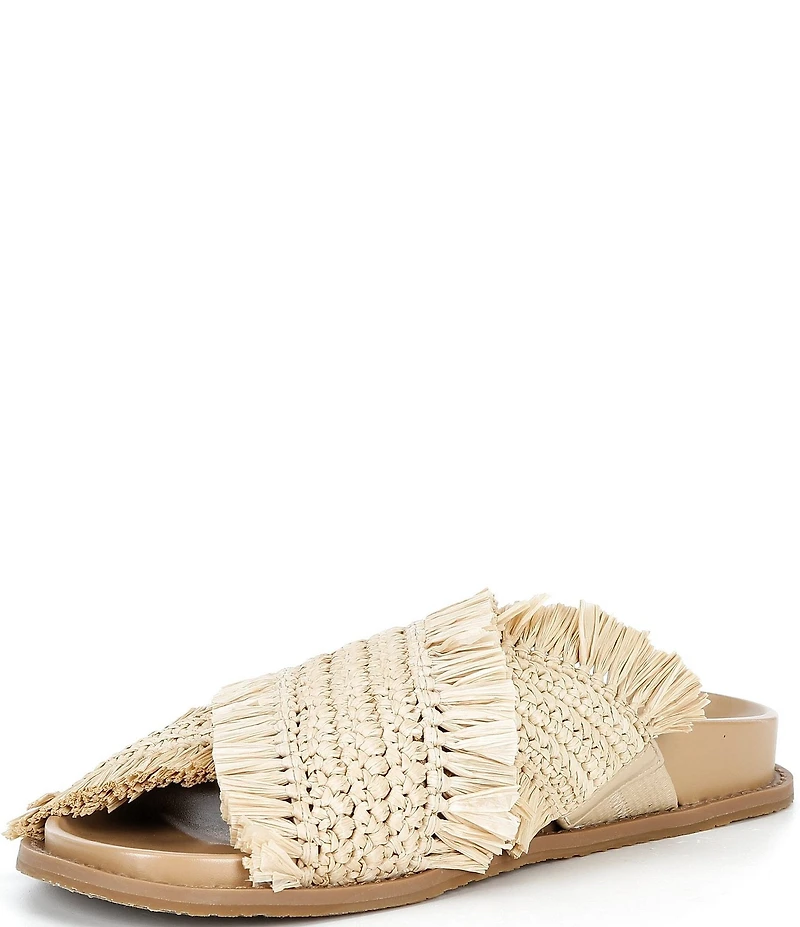 Michael Kors Peyton Woven Raffia Fringed Cross Band Flat Slide Sandals